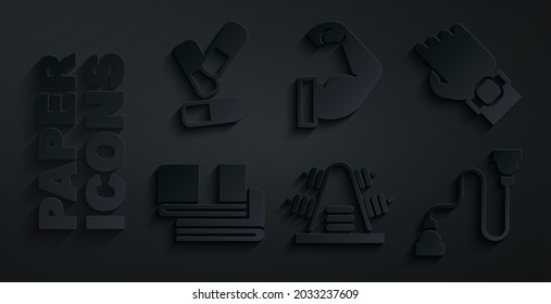 Set Metal rack with weights, Smart watch on hand, Towel stack, Chest expander, Bodybuilder muscle and Vitamin pill icon. Vector