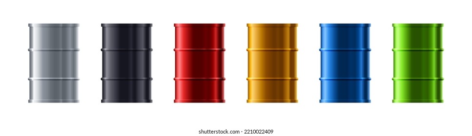 Set metal realistic barrels of different colors side view vector illustration