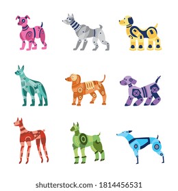 Set of metal robots dogs cartoon characters, flat vector illustration isolated on white background. Kit of robot dogs or robotic mechanisms with artificial intelligence.