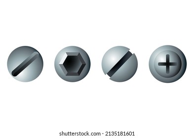 Set of metal screw, bolt and rivet heads. Collection of different industrial or DIY elements for fixing. Isolated realistic vector illustration