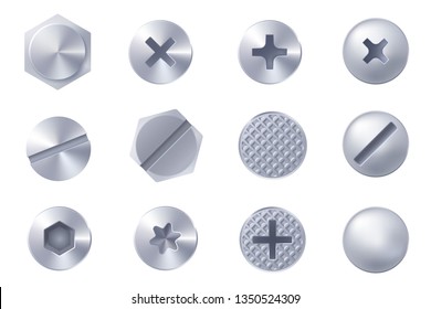 Set of metal screw heads isolated on white background. Collection of different heads of bolts, screws, nails, rivets. View from above. Decorative elements for your design. Vector eps 10.