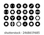 Set of metal screw heads. Stainless steel bolts. Silver nails and rivets. Top view. Vector illustration in flat style. Different hardware elements. Mechanic workshop icons.