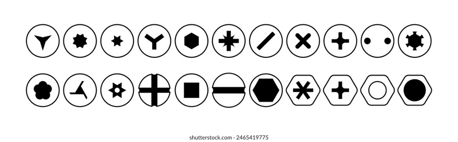 Set of metal screw heads. Stainless steel bolts. Silver nails and rivets. Top view. Vector illustration in flat style. Different hardware elements. Mechanic workshop icons.