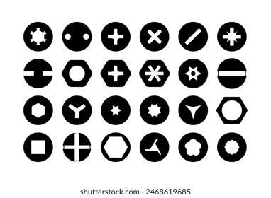 Set of metal screw heads. Stainless steel bolts. Silver nails and rivets. Top view. Vector illustration in flat style. Different hardware elements. Mechanic workshop icons.