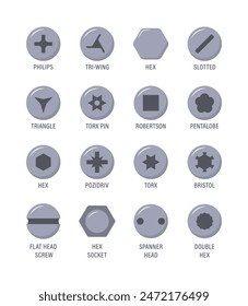 Set of metal screw heads. Stainless steel bolts. Silver nails and rivets. Top view. Vector illustration in flat style. Different hardware elements. Mechanic workshop icons.