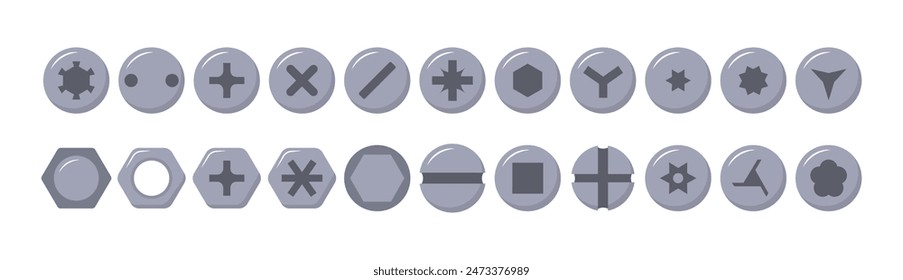 Set of metal screw heads. Stainless steel bolts. Silver nails and rivets. Top view. Vector illustration in flat style. Different hardware elements. Mechanic workshop icons.