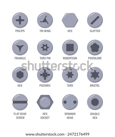 Set of metal screw heads. Stainless steel bolts. Silver nails and rivets. Top view. Vector illustration in flat style. Different hardware elements. Mechanic workshop icons.