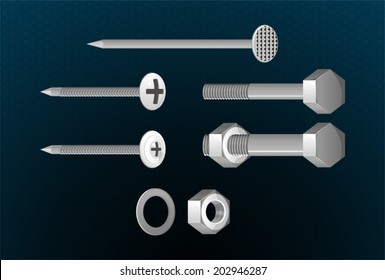 set of metal screw, nut, bolt, washer, nail