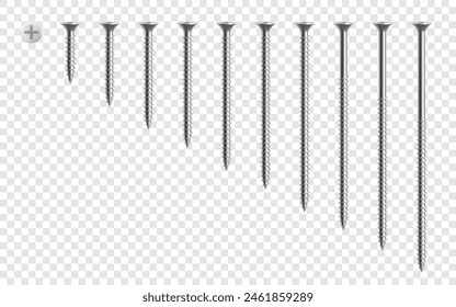 Set of metal screw,isolated on transparent background. Universal black steel screws. Realistic 3d Vector illustration