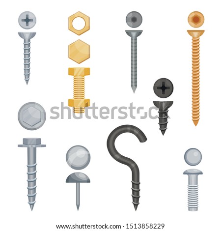 Set of metal screws and bolts. Vector illustration on a white background.