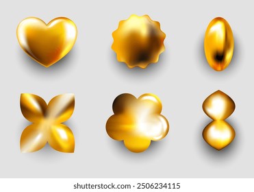 Set of metal shapes in 3d cartoon design. Pictured is a great selection of gold shapes such as heart, flower, butterfly and more in the y2k style, perfect for any project. Vector illustration.