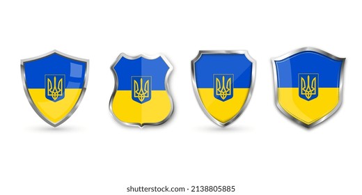 Set von Metallschild mit ukrainischer Flagge und Wappen der Ukraine. Gelbe blaue Flagge der Ukraine mit Dreifach. Vektorgrafik.