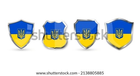 Set of metal shield with Ukrainian flag and coat of arms of Ukraine. Yellow blue flag of Ukraine with trident. Vector illustration.
