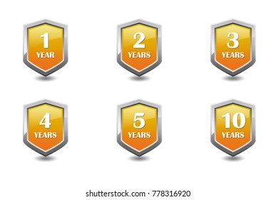 Set of Metal shiny orange shields with different white numbers of years on them