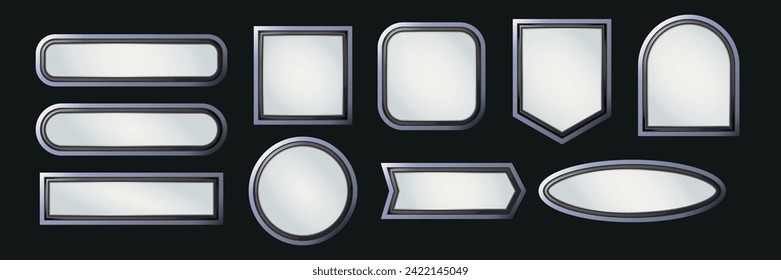 Un conjunto de marcos metálicos, plateados 3d de diferentes formas (arco, cuadrado, círculo, placa). Plantillas para diseños de menús de juegos y sitios web. Un fondo ligero vacío. Brillo metálico, diseño vectorial simple