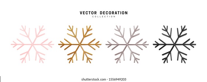 Set of metal snowflakes, silver and golden, pink and black color winter symbol isolated on white background.