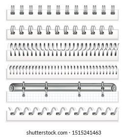 A set of metal springs for notebooks and calendars. Spiral bindings for sheets of paper. Booklet isolated on white background, vector illustration.