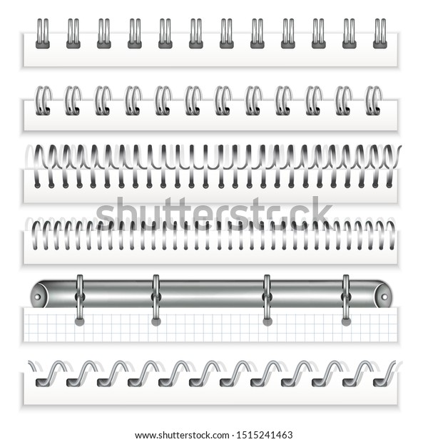 A set of metal springs for notebooks and\
calendars. Spiral bindings for sheets of paper. Booklet isolated on\
white background, vector\
illustration.