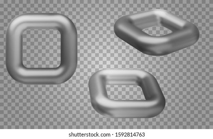 Set of metal square form or frame in different view isolated on transparent background. Realistic geometric elements for design projects. Bright vector minimalistic concept. Colorful illustration.