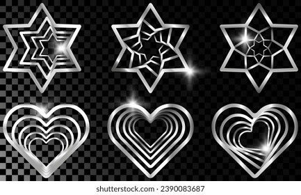Juego de estrella de metal y corazón. Colección vectorial de formas plateadas aisladas sobre fondo transparente con luces brillantes. Diversas ilustraciones para plantilla de diseño, portada, tarjeta de saludo, afiche. EPS 10.