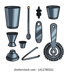 Set of metal steel barman equipment or help tools
