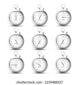 Set metal stopwatch, vector flat illustration isolated on white background. On clock - minutes, seconds from start to finish. Set sports chronometer, stopwatch to stop time.