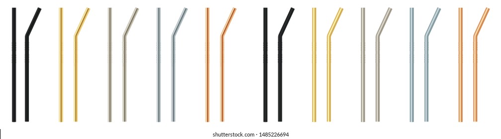 Set metal straw for drinks. Ecological material. Straight and curved reusable cocktail straws. Made of expensive metal. Stainless steel. Glossy texture. Brilliant, bright color. Vector illustration.