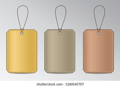 Set of metal tags with string in gold, silver and bronze colors for infographic.