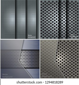 Set of metal texture with grid background. Vector illustration.