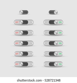 Set of metal toggle switch icons. Switch buttons. On and Off position. Vector user interface set including switches.