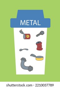 Set of metal trash. Bank, can, nut and metal pipe. Recycling and reuse, reducing emission of harmful substances. Nature and ecology, care for environment metaphor. Cartoon flat vector illustration