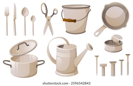 Set of metal trash, scrap metal. Iron utensils, tin can, nails, iron scissors. Garbage recycling, reuse, zero waste. Vector illustration in cartoon style.