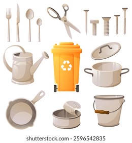 Set of metal trash, scrap metal. Yellow trash container. Iron utensils, tin can, nails, iron scissors. Garbage recycling, reuse, zero waste. Vector illustration in cartoon style.