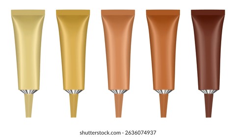 Set of metal tubes with long nozzle. Yellow, gold, beige, bronze and brown tubes. Cosmetic packaging. Serum or ointment. Gel or cream. Pin point nozzle	