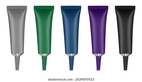Set of metal tubes with long nozzle. Gray, green, navy blue, purple and black tubes. Cosmetic packaging. Serum or ointment. Gel or cream. Pin point nozzle