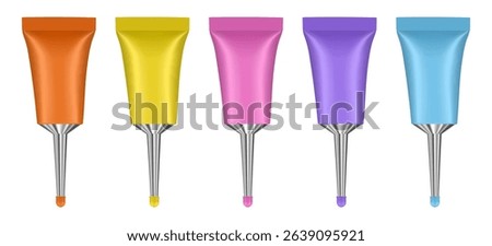Set of metal tubes with long nozzle. Orange, yellow, pink, purple and blue tubes. Salve or ointment. Glue tube with pin point nozzle