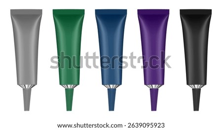 Set of metal tubes with long nozzle. Gray, green, navy blue, purple and black tubes. Cosmetic packaging. Serum or ointment. Gel or cream. Pin point nozzle