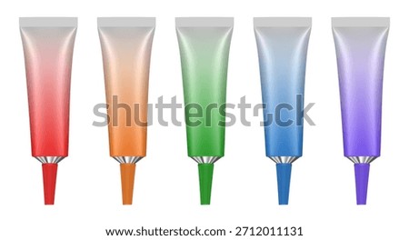 Set of metal tubes with long nozzle. Orange, red, green, purple and blue tubes. Cosmetic packaging. Serum or ointment. Gel or cream. Pin point nozzle. Gradient shades
