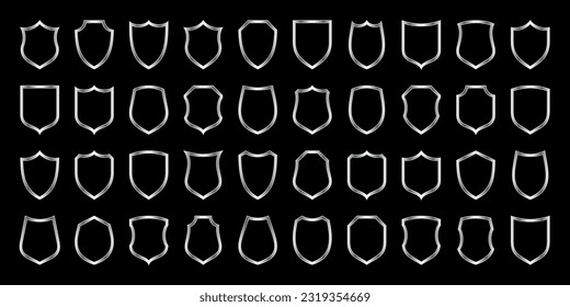 Set of metal vintage shield frames. Shiny silver heraldic shields. Black protection and security symbol, label. Vector illustration