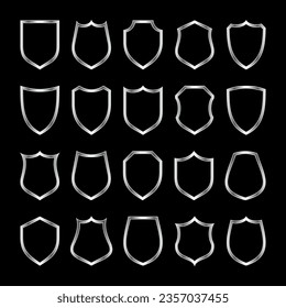 Set of metal vintage shield frames. Shiny silver heraldic shields. Black protection and security symbol, label. Vector illustration