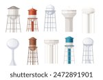 Set of Metal water tower with oval water tank countryside water reservoir infrastructure vector illustration isolated on white background