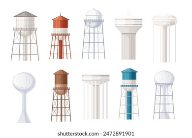 Set of Metal water tower with oval water tank countryside water reservoir infrastructure vector illustration isolated on white background