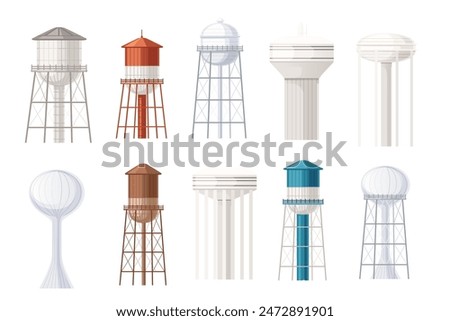 Set of Metal water tower with oval water tank countryside water reservoir infrastructure vector illustration isolated on white background