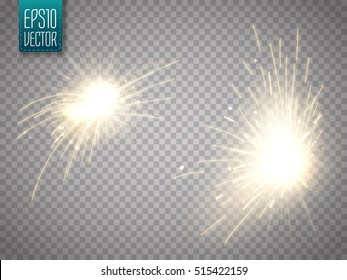 Set Of Metal Welding With Sparks Or Sparklers Isolated On Transparent Background. Vector Illustration
