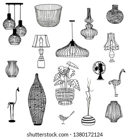 set of metal wire decorative elements, lamp, basket,vase, sculpture. Hand-drawn vector illustration