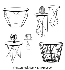 set of metal wire decorative elements, lamp, basket,vase, sculpture,table,chair. Hand-drawn vector illustration