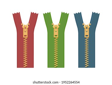 A set of metal zippers for clothes of different colors. Green, red, blue on a white background. Vector flat illustration