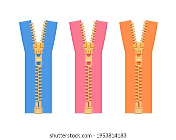 A set of metal zippers for clothes of different colors. Blue, pink, orange on a white background. Women's zippers. Vector flat illustration