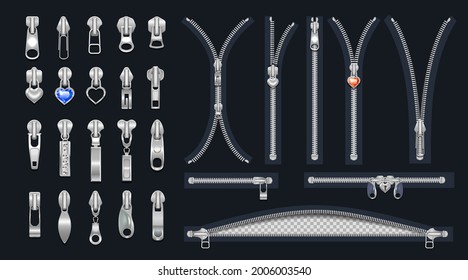 set of metal zippers and sliders with pendants. Realistic style. Closed and open clasps for silver metal  color design. Isolated on a dark background. Vector illustration