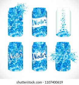 Set of metaliic cans, sodas logotype. Isolated abstract canned drinking liquid emblem. Stained blue, white ad idea, trendy wave graphic template. Cool drops bubbly bunch. Brand sign, company identity